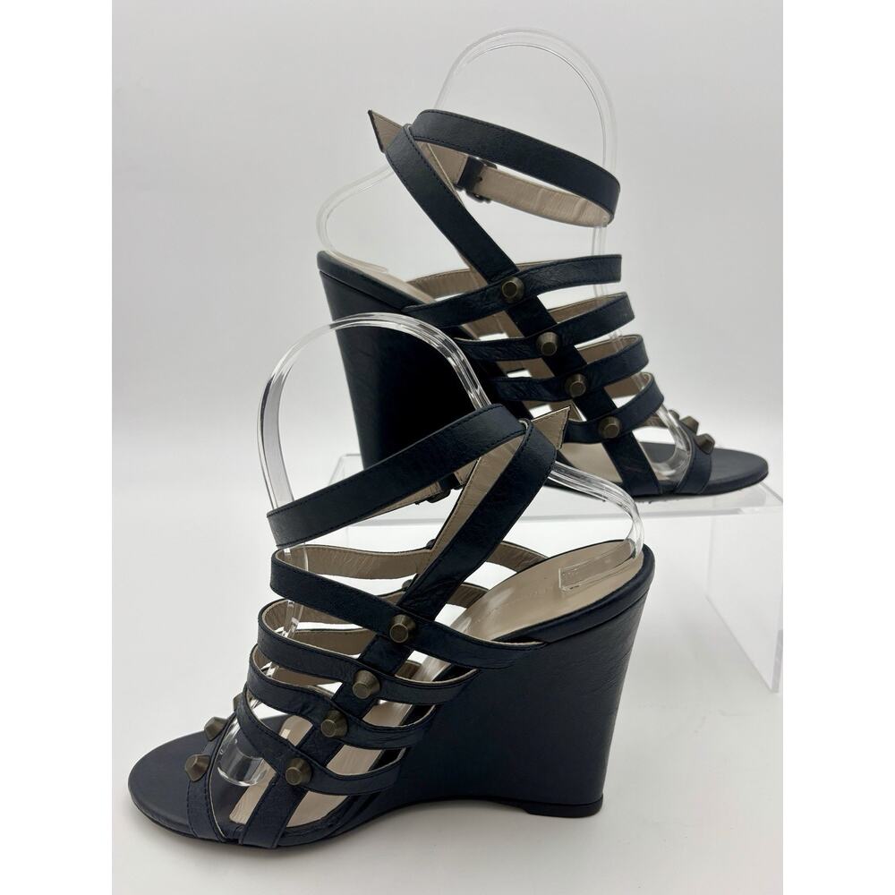 Balenciaga Wedge Sandals Navy Blue Leather Studded Size 39 / 9 Ankle Strap - Picture 15 of 15